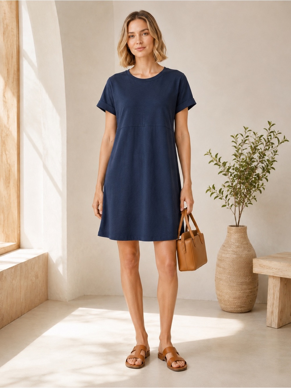 Lilla P Navy Stretch Cotton T Shirt Dress Small Minimalist A Line Capsule Casual